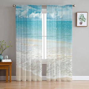 Ocean Beach Theme Sheer Curtains 72 Inch Length 2 Panels Set for Living Room/Bed - Picture 1 of 6