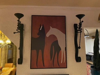 ENORME PAR DE BOLLOS DE PARED BRUTALISTAS DE HIERRO RENACIMIENTO ESPAÑOL! ¡30 EN LARGO! ¡PESADO! Foto 1 de 4