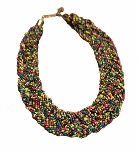 Vintage Multi Strand Braided Multicolor Glass Seed Bead Bib Necklace 18” - 21” - Picture 1 of 2