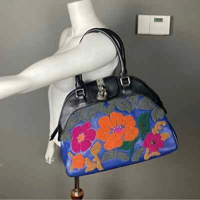 Sharif bag satchel bowler carpet top handle black pink blue bright 3-d flowers - Image 1 of 4