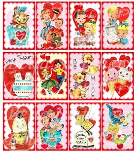 Set of 12 Vintage Retro Valentine Puns & Hearts Quilt Cotton FABRIC Panels