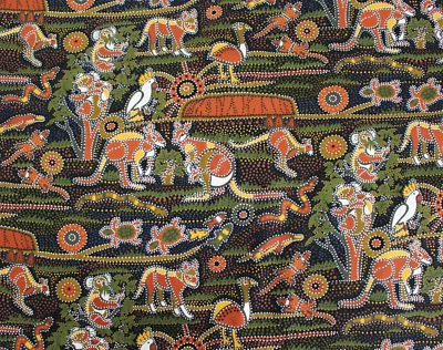 "Dreamtime" Australiana by Nutex Fabric 54x44 Aboriginal Kangaroo Parrot Koala - Image 1 of 2