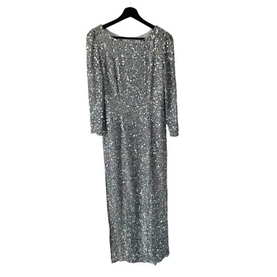 Vintage 90s Scala Silver Sequin Beaded Long Sleeve Silk Full Length Dress Small - Image 1 of 4