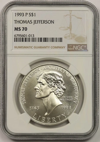 1993-P Thomas Jefferson $1 NGC MS 70 Modern Commemorative Silver Dollar Cover