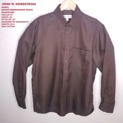 John W. Nordstrom Men SMALL Brown Smartcare Herringbone long sleeve button shirt - Image 1 of 4