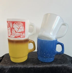 Vintage Fire King Coffee Mugs Assorted 4 pc Lot Blue Speckled Roses D Handle - Picture 1 of 9
