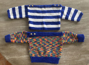 Lot Of 2 - Hand Knit Vintage Youth Child Kids Sweaters Rainbow Striped Buttons