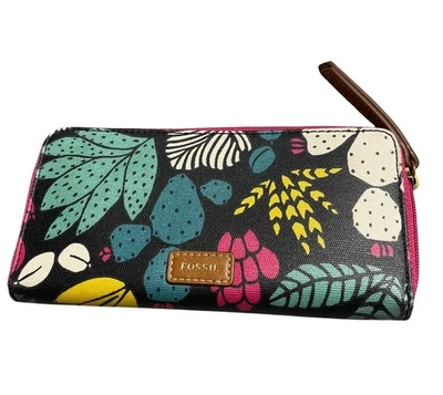 Cartera Fossil Eliza Cluth Cremallera Alrededor Multicolor Estampado Floral Cuero Logo Acento Foto 1 de 4