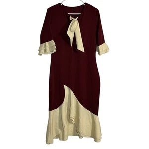 YACUN Dress Women Medium Maroon Cream Bodycon Cocktail Bow Tie Party Knee Length - Picture 1 of 12
