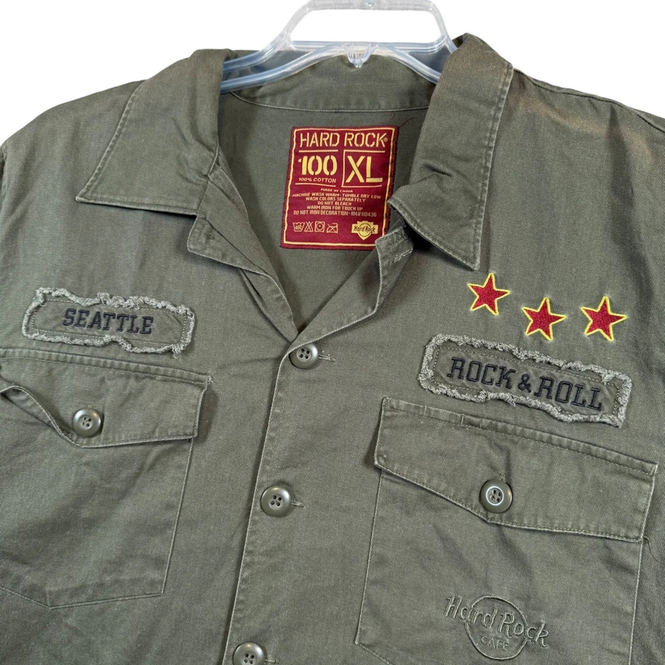 Camisa Hard Rock Café Seattle Rock and Roll Manga Corta Abotonada XL Verde Oliva Foto 1 de 4