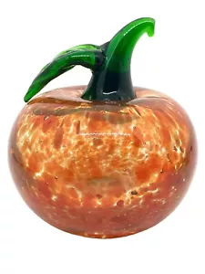 Vintage Murano Style Hand Blown Art Glass Red Orange Apple Green Stem 3" H - Picture 1 of 8