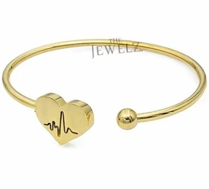 14K Solid Gold Engraved Heartbeat Ball Design Cuff Bangle Bracelet - The Jewelz - Picture 1 of 4