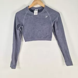 Gymshark womens crop fitness gym top shirt size S blue long sleeve096238 - Picture 1 of 8