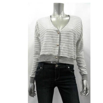 Maison Jules Junior Women Sweater Top XL Gray Ivory Cardigan Striped Terry Crop - Imagem 1 de 2