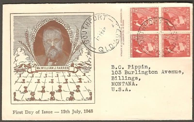 1948 William J. Farrer Wheat  Australia Imprint Block HASLEM FDC to Montana USA - Image 1 of 2