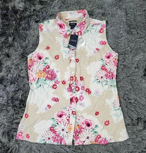 Izod Shirt Women's 8 Beige Floral 100% Silk Sleeveless Tank Top Button Up NWT - Picture 1 of 12