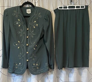 R&M Richard’s By Karen Kwong Outfit Size 12 Blazer/Skirt Green Women Set - Picture 1 of 13