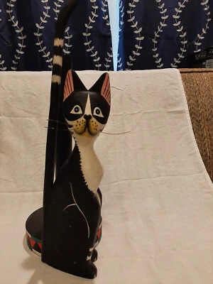 Paper Towel Holder 16"H Wooden Black & White Cat Kitty Painted Indonesia - Image 1 of 2