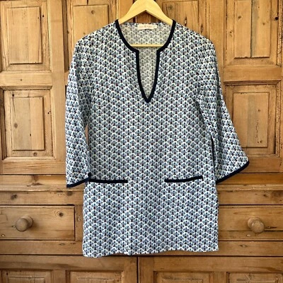Blusa túnica Tory Burch para mujer talla XS Baja lino bolsillos cuello en V azul blanco preparación Foto 1 de 4