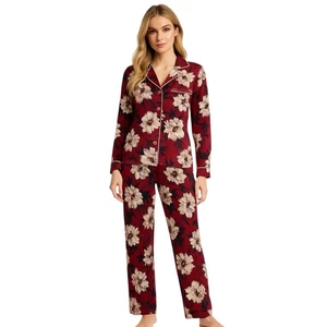 BCBGMAXAZRIA Sleep Pajama Set 2 Piece Womens M Red Floral Bloomcore Loungewear - Picture 1 of 17