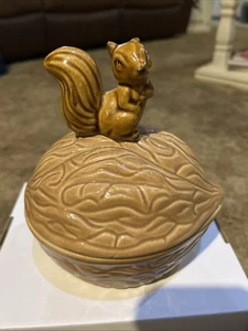 Vintage Brown Squirrel on Walnut Nut Ceramic Cookie Jar or Lidded Dish, 7.5”x 6” - Picture 1 of 10