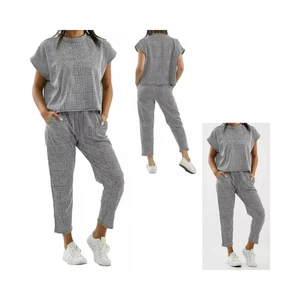 Women's Short Sleeve Check Boxy Suit Lounge Wear Set Two Piece Tracksuits 8-22 - Picture 1 of 2