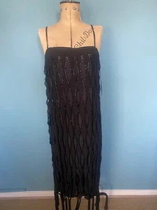 ZARA 1920s Style BEADED FRINGE TASSEL MIDI SLIP DRESS GOWN BLACK BNWT - Picture 1 of 9