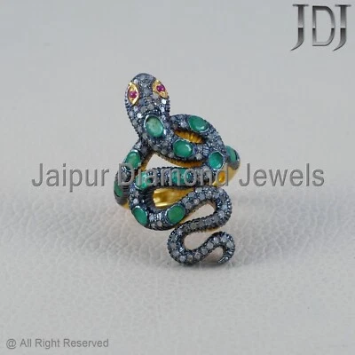 Snake Ring Natural Emerald Ruby Gemstone Pave Diamond 925 Sterling Silver Ring - Image 1 of 4