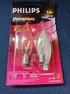 Philips Dura Max Long Life BENT Tip Light Blubs Clear 15W Candelabra Base 120V - Image 1 of 3