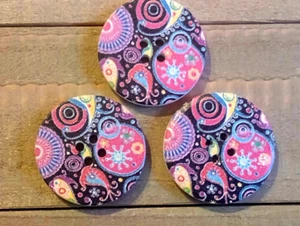 3 Multi-Color Sewing Buttons Crafting Round Wood 4 Hole 1 1/8" - Picture 1 of 2