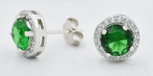 LAB CREATED 1.84 Cts EMERALD & WHITE SAPPHIRE STUD EARRINGS .925 Silver - NWT - Picture 1 of 3