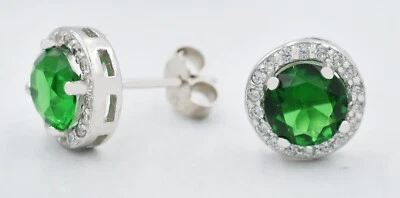 LAB CREATED 1.84 Cts EMERALD & WHITE SAPPHIRE STUD EARRINGS .925 Silver - NWT - Image 1 of 3