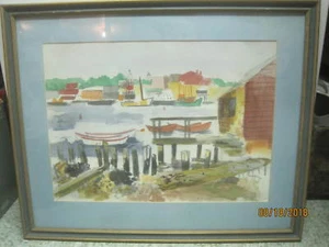 Vintage 1966 Original Art Watercolor Painting Wharf Harbor signed B. Rundgren - Picture 1 of 7