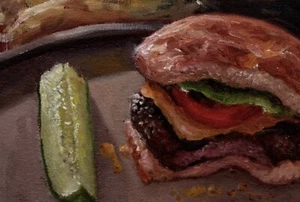 Cheeseburger And Pickle, Original Oil Painting - Picture 1 of 1