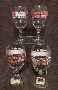 Set Of 4 Vintage Libby Winter Christmas Village Street Scene Wine Water Goblets - Picture 1 of 10