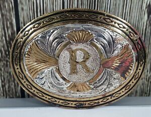 VTG Initial "R" Belt Buckle Large Oval Two Tone 1990's Made In USA