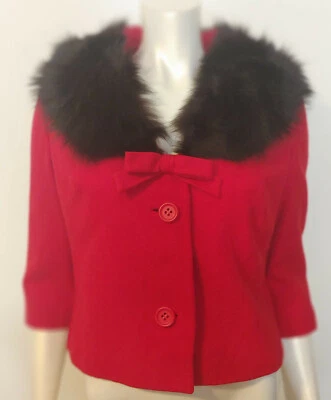 Vintage Sandra Sage Red Wool Jacket Black Fox Trim 8 10 M Bow  - Image 1 of 4