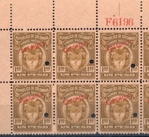 COLOMBIA Revenue 1p High Value ABNCo Plate *F6196* SPECIMEN Block{8} MNH ZU24 - Picture 1 of 5