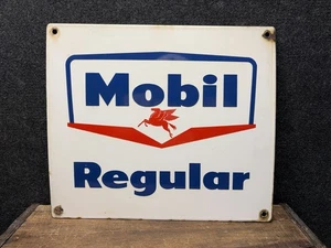 Vtg 60s Mobil Regular Gas Porcelain Gas Pump Plate Sign Pegasus 13.75” x 12” - Picture 1 of 12