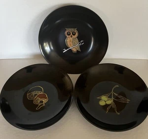 3 Vintage Couroc of Monterey Bowls 7.5" ~ Inlaid ~ Owl Mushrooms Olives - Picture 1 of 5