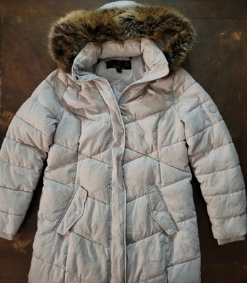 Barbour Puffer Jacket Womens Size 10 Beige Faux Fur Hood Padded Insulated Coat - Image 1 of 4