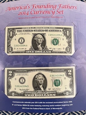 AMERICICAN FOUNDING FATHERS 2014  CURRENCY SET: $1 & $2 MATCHING #'s MINNEAPOLIS - Image 1 of 3