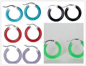 Multicolor Turquoise & Agate & Jade & Lacquer Silver Snap Closure Hoop Earrings - Picture 1 of 11