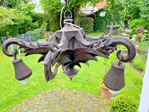 antike Hängelampe - 6-armig - Metall - um 1930 - handgeschmiedet - Bild 1 von 9
