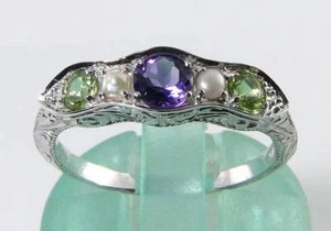 9k 9CT WHITE GOLD SUFFRAGETTE AMETHYST PERIDOT PEARL ETERNITY ART DECO INS RING - Picture 1 of 5