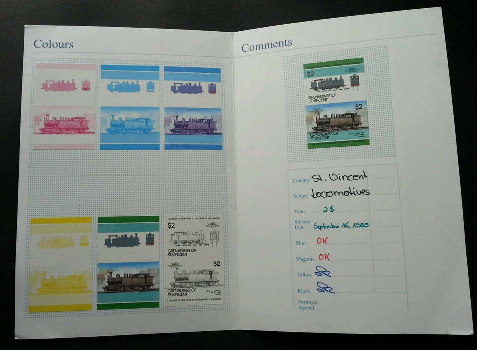 St. Vincent Locomotive 1985 (Printing Color Proof Imperf Stamp Folio) *Rare - Image 1 of 2