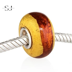 925 Sterling Silver Burnt Orange Gold Foil Charm Spacer Bead for Bracelets - Picture 1 of 3