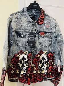 Reason Denim Jean Trucker Jacket Graphic Skulls and Roses Distressed Mens L NWT - Picture 1 of 14