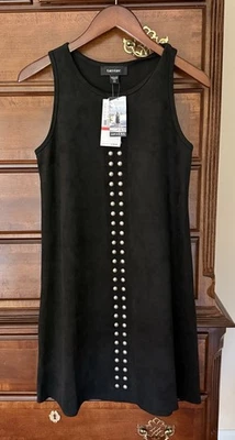 Vestido sin mangas Karen Kane NUEVO $149 Flora Fauna Talla XS Negro Tachonado Imitación Gamuza Foto 1 de 4