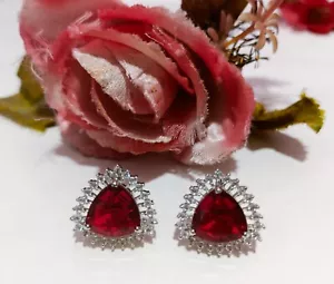 Indian CZ Ruby Studs Earrings Pierced Silver Plated Bridesmaid Wedding Jewellery - Picture 1 of 4